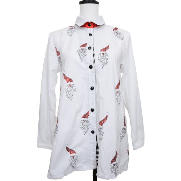 Jack B Quick Button-Down Shirt Red Sequin Santa Striped Collar Accent Women SM - Picture 2 of 14